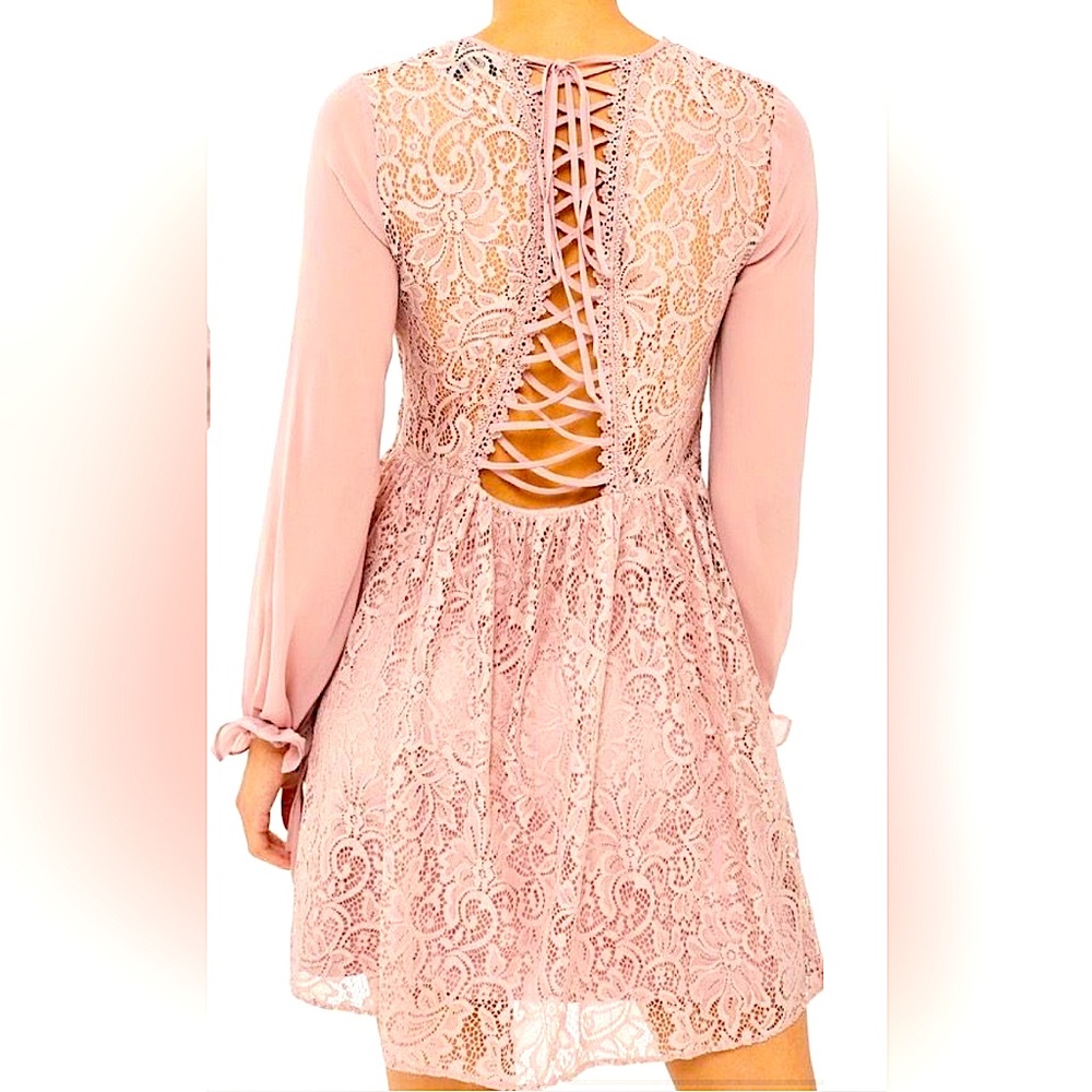 Rose lace TopShop dress with lace-up details - NWOT, M